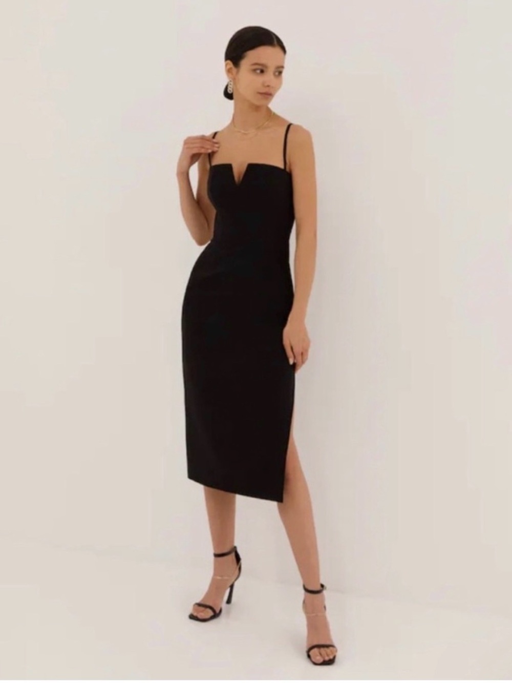 Lichi Black Midi Dress V Cutout with Straps